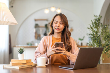 Woman use smartphone playing, shopping, social media communication and digital online, work, online social media, online marketing, technology, chat, post, like, follow on phone screen at home