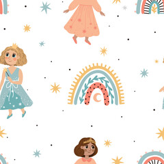 Seamless pattern with lovely cute princesses. Ideal for printing on fabric or paper