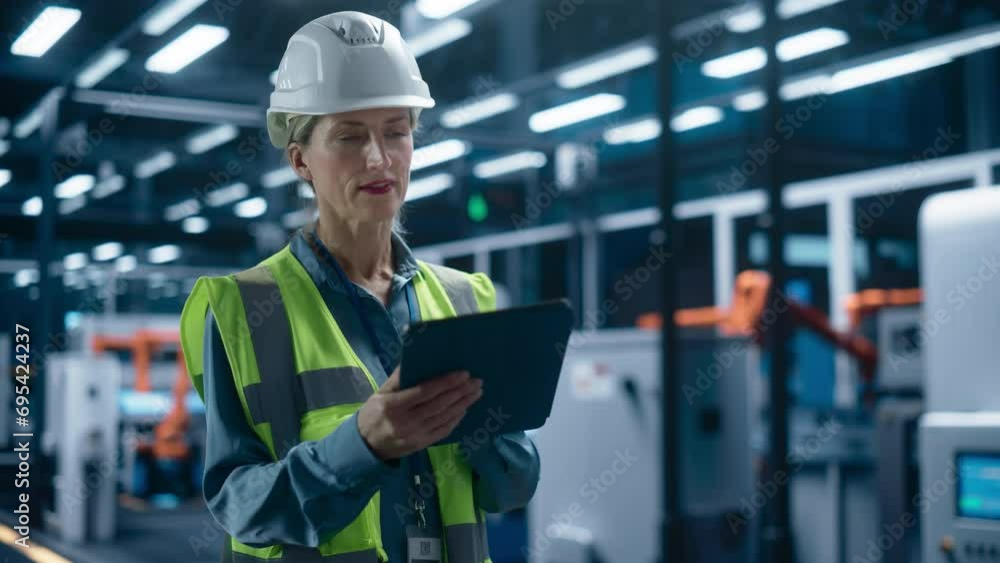 Poster Caucasian Female Engineer Wearing Hardhat And Walking with a Tablet, Monitoring Conditions at an Automated Industrial Machinery Assembly Line with Robot Hands Powered By Artificial Intelligence.