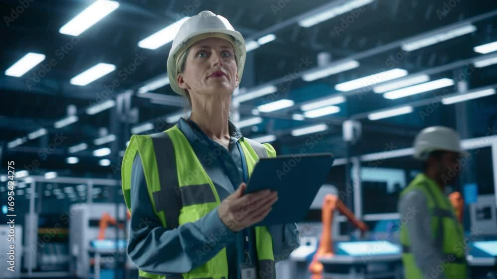 Poster beautiful caucasian female engineer standing in factory hall, using tablet computer at industrial ma