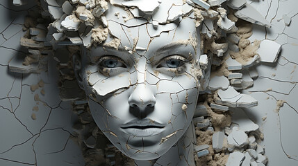 Through the intricate brushstrokes of art, a woman's face is captured in all its raw vulnerability, revealing the delicate balance between human emotion and the protective facade of a mask