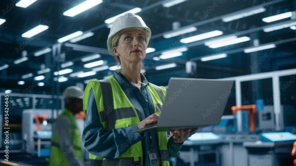 Poster portrait of caucasian female engineer using laptop computer and looking around a factory facility wi