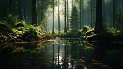 Obraz premium High angle view of a tranquil forest reflecting. Ai generative