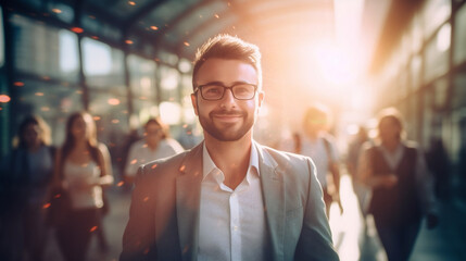 Portrait of young success business man traveling to office on blurred flare background - obrazy, fototapety, plakaty