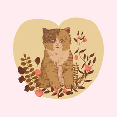 Cute cat, kitten with floral, flowers and leaves hand drawn vector illustration. Doodle cartoon pet animal character icon.