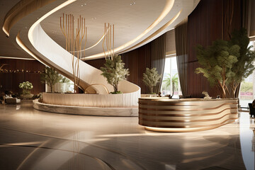 Interior of luxury hotel lobby zone with reception desk and relax zone for guest, modern style concept, entrance lobby for welcoming. - obrazy, fototapety, plakaty