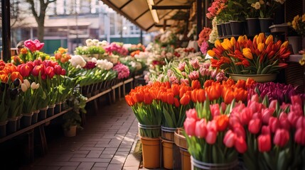 Fototapeta na wymiar Colorful tulips in a flower shop. Selective focus.