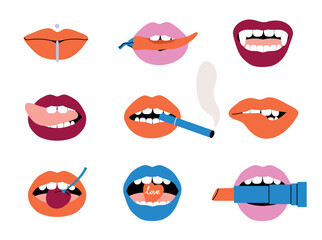 Set of female mouths. Stickers with bright woman lips with lipstick, cigarette and piercing. Kiss, smile, bite and lick with tongue. Cartoon flat vector collection isolated on white background