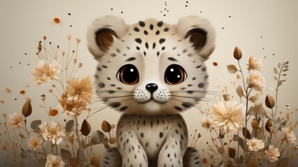 A playful cartoon mammal with a spotted coat stands indoors, surrounded by vibrant flowers,...