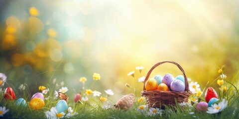 Easter holiday. Easter basket with colorful eggs on a background of green grass meadow