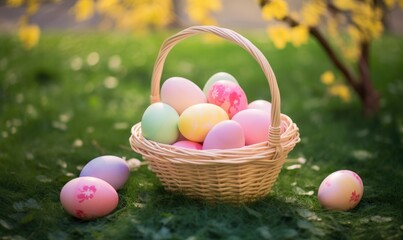 Fototapeta na wymiar Easter holiday. Easter basket with colorful eggs on a background of green grass meadow
