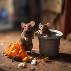 Rodents. Two small and hungry rats are sitting in a trash can on the street looking for food. Close-up.