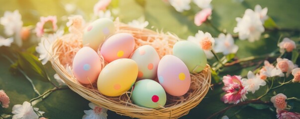 Easter holiday. Easter basket with colorful eggs on a background of green grass meadow