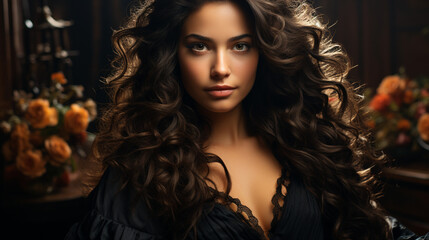Fototapeta premium A stylish woman with cascading curls poses confidently in an indoor setting, showcasing her fashionable clothing and elegant ringlets