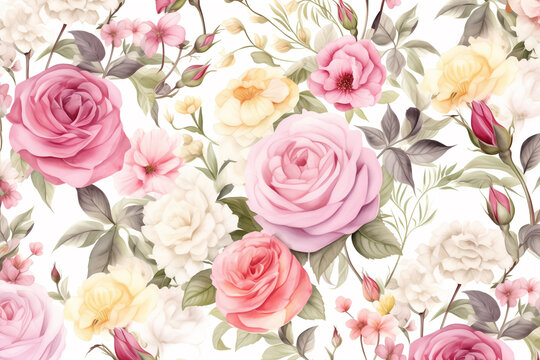Flowers ornament. Seamless pattern with watercolor flowers roses, repeat floral texture, vintage background. Perfectly for wrapping paper, wallpaper fabric print, greeting cards