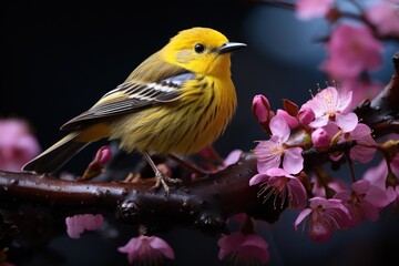  a small yellow bird perched on a branch of a tree with pink flowers in the foreground and a dark background with only one bird in the foreground of the image.