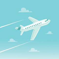 Cartoon plane in blue sky. Airplane in flat style. Vector stock.