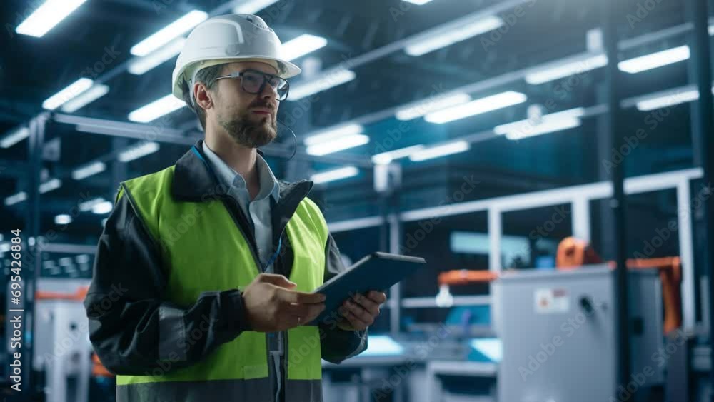 Aufkleber Thoughtful Caucasian Male Engineer Walking with a Tablet Computer, Monitoring Conditions at an Automated Industrial Machinery Assembly Line with Robot Hands Powered By Artificial Intelligence.