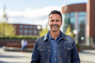 Portrait of a grinning man in his 40s sporting a rugged denim jacket against a modern university campus background. AI Generation