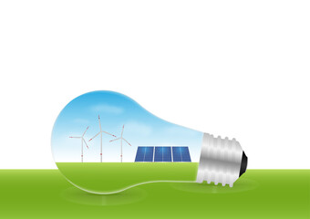 Light Bulb with Solar Panels and Wind Turbines Inside. Energy Saving. Renewable and Sustainable Energy Resources. Green Energy or Environmentally Friendly Concept. 
