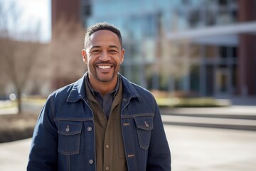Obraz premium Portrait of a grinning man in his 40s sporting a rugged denim jacket against a modern university campus background. AI Generation