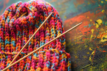 Knitting concept. Wool needles and colorful wool. Handmade lovers.