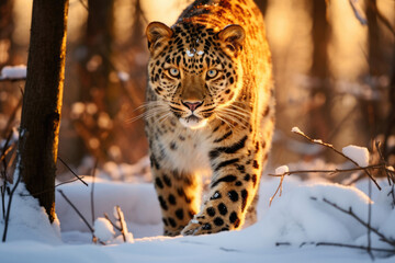 Amur leopard emerges from the snowy forest in the last rays of the sunset