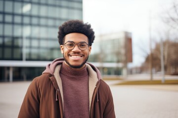 Portrait of a content afro-american man in his 20s dressed in a warm wool sweater against a modern university campus background. AI Generation