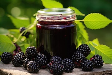  a jar of blackberry jam sitting on top of a piece of wood next to a bunch of blackberries on a piece of wood with green leaves in the background.
