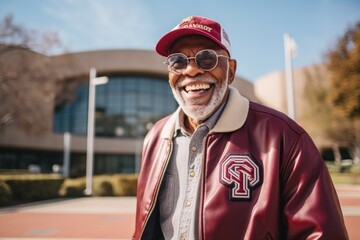 Portrait of a joyful afro-american elderly 100 years old man sporting a stylish varsity jacket...