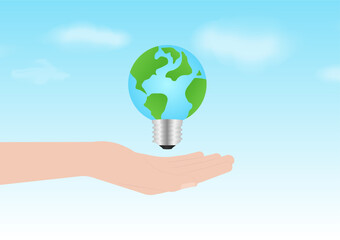 Hand Holding Earth Light Bulb. Save the World, Electricity and Energy. Green Energy or Renewable Energy. Eco- Friendly Concept. 