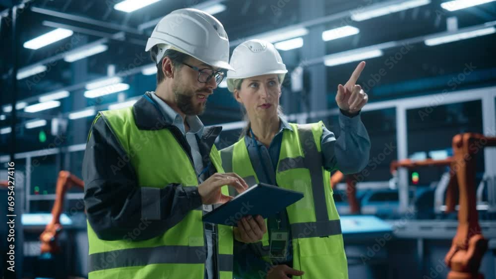 Aufkleber portrait of caucasian male process engineer and female production supervisor standing in factory hal