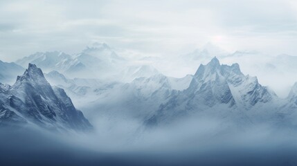  a mountainous expanse enveloped in a snowfall during a foggy morning. The fog should gently veil parts of the landscape, imparting a sense of mystery and depth. The snowflakes should be depicted fall - obrazy, fototapety, plakaty
