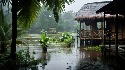 rainy day in a forest village. Generative Ai