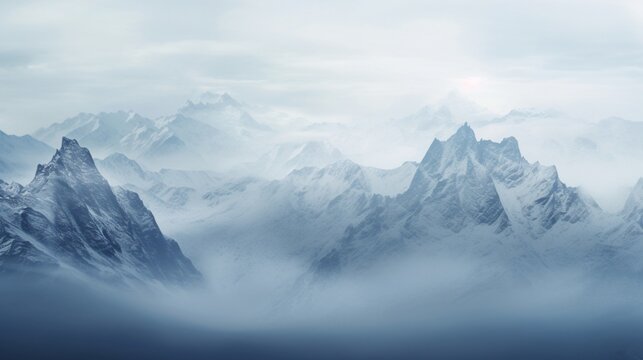  a mountainous expanse enveloped in a snowfall during a foggy morning. The fog should gently veil parts of the landscape, imparting a sense of mystery and depth. The snowflakes should be depicted fall
