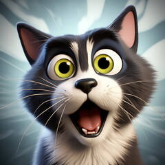 Cartoon face of a cat with a large nose and open mouth. Portrait of animal looking shocked. Generate Ai.
