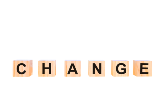 Placing a wooden cube block with the text "CHANGE" as a step towards the goal. Business concept for a successful growth process isolated on white background. PNG