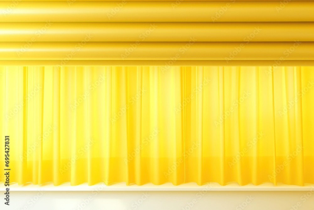 Poster a close up of a yellow curtain with a window sill in the foreground and a window with a curtain on t