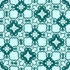 Teal blue white vibrant watercolor batik azulejos tile border banner background. Seamless coastal blur linen effect geometric mosaic effect. Patchwork nautical masculine summer ribbon trim. 