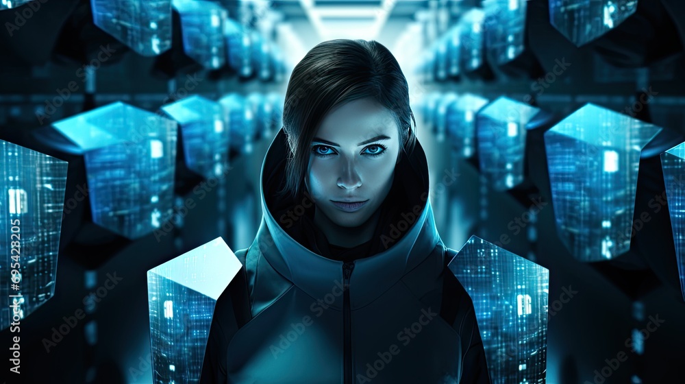 Poster Internet security, people protecting the net from hackers. Anonymous hackers pose a threat. Generative AI