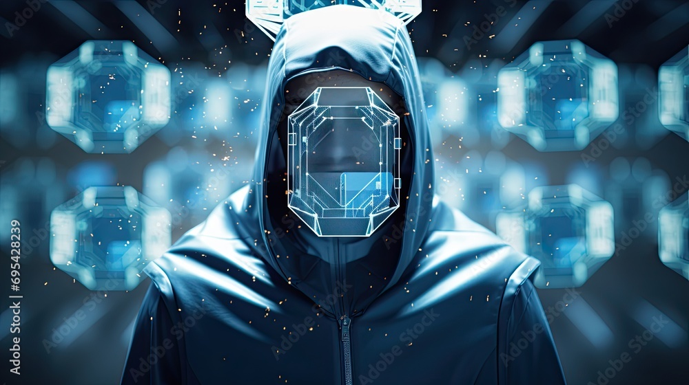 Fototapete Internet security, people protecting the net from hackers. Anonymous hackers pose a threat. Generative AI