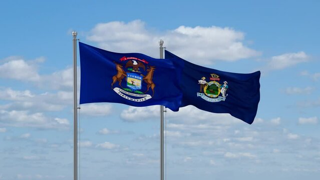 Maine and Michigan US state flags waving together on cloudy sky, endless seamless loop
