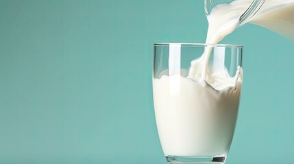 White milk is poured into a clear glass beaker. Concept of healthy and natural products. Generative AI