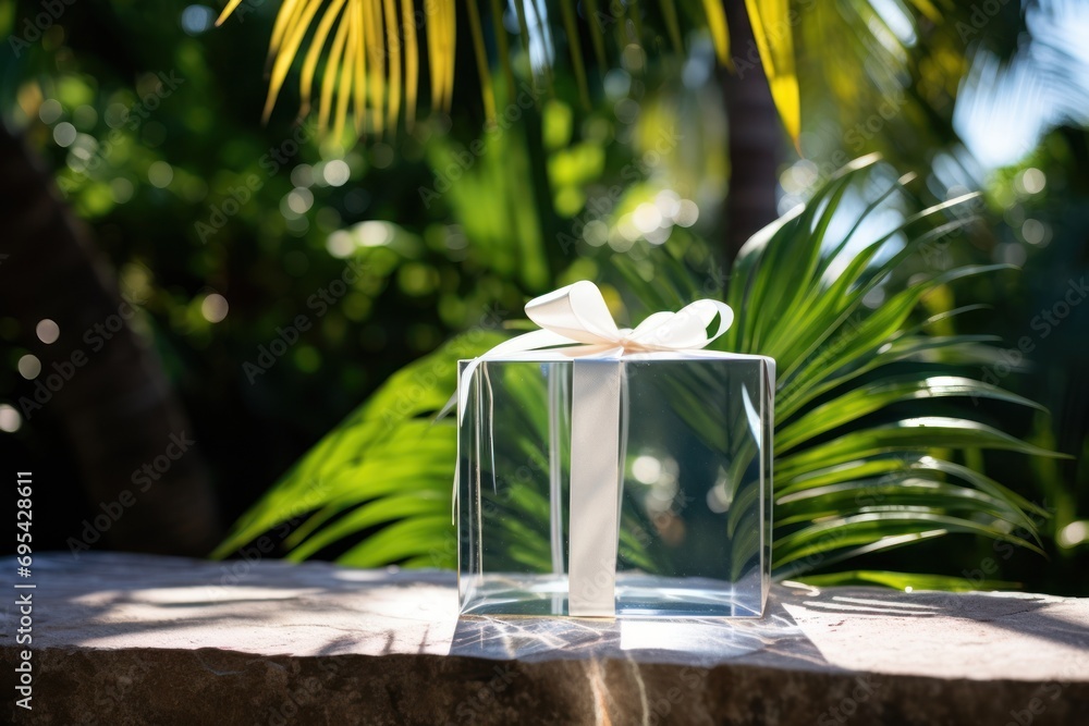 Poster a clear box with a white bow sitting on a stone ledge in front of a palm tree and a palm tree in the