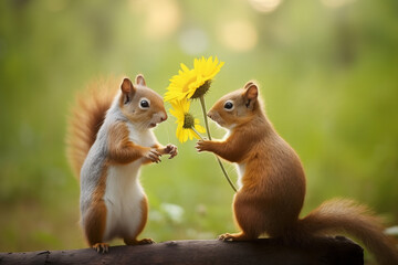 Cute squirrel offering a flower gift to its lover, fun wildlife, love and Valentine's day greeting card - obrazy, fototapety, plakaty
