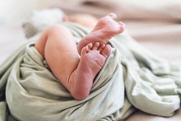 Close-up cute tiny newborn baby feet in soft green blanket wrap.