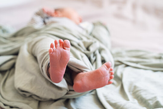 Close-up cute tiny newborn baby feet in soft green blanket wrap.