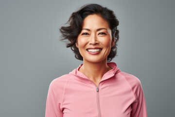 Obraz premium Portrait of a happy asian woman in her 40s sporting a breathable hiking shirt against a pastel or soft colors background. AI Generation