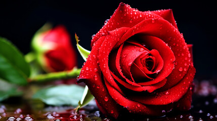 Red rose with dew on petals wallpaper - ai generative