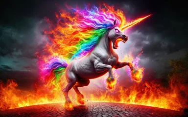 Fotobehang Angry unicorn. White unicorn with a pink and white mane and tail emits a rainbow © Ruslan Gilmanshin